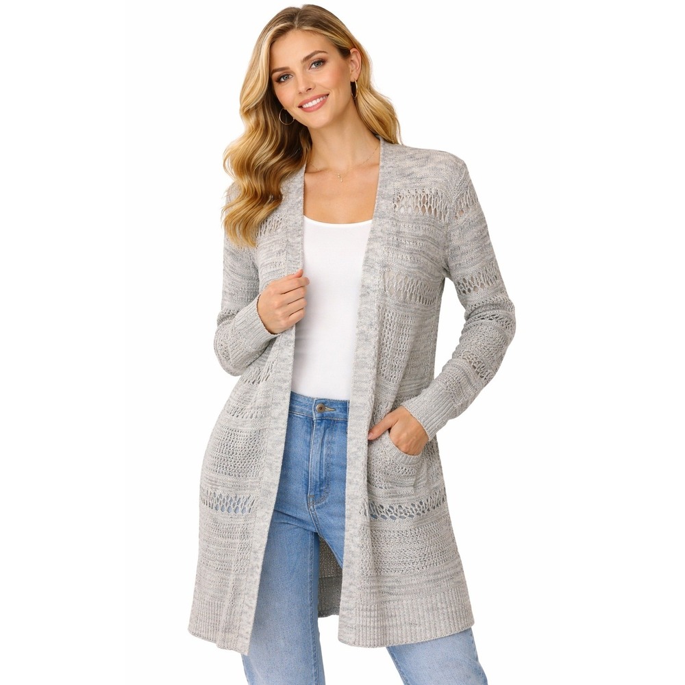 LOFT Outlet Cardigan Women Medium Grey Open Knit Pointelle Longline Sweater